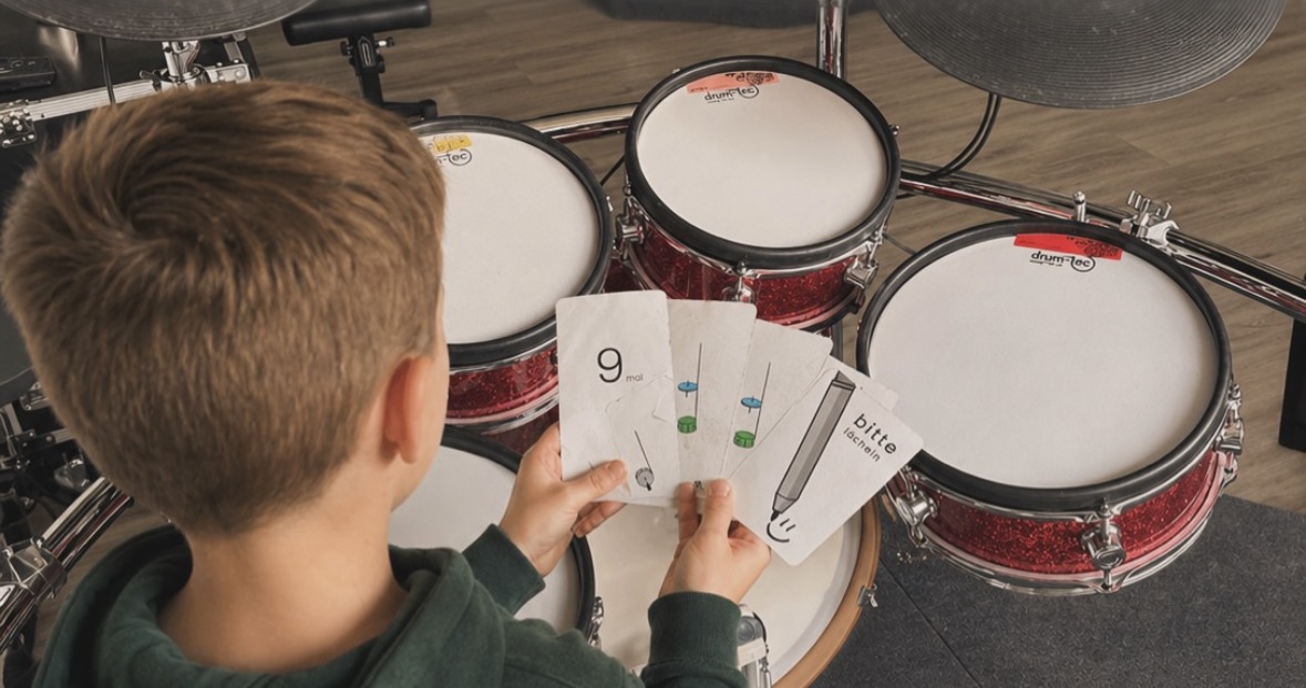 Ein Junge hält von hinten gesehen Karten mit Rhythmen und Aufgaben vor einem roten Schlagzeug