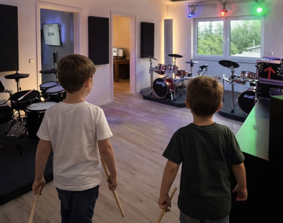 Zwei Jungen mit Drumsticks gehen von hinten gesehen in den Schlagzeugraum mit mehreren E-Drum-Sets und farbigem Bühnenlicht
